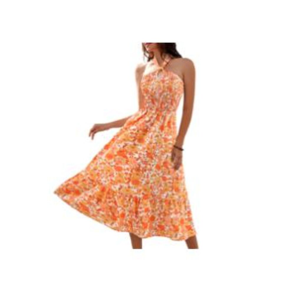 WHITE AND ORANGE FLORAL MAXI DRESS, SMALL, 7E-142D001